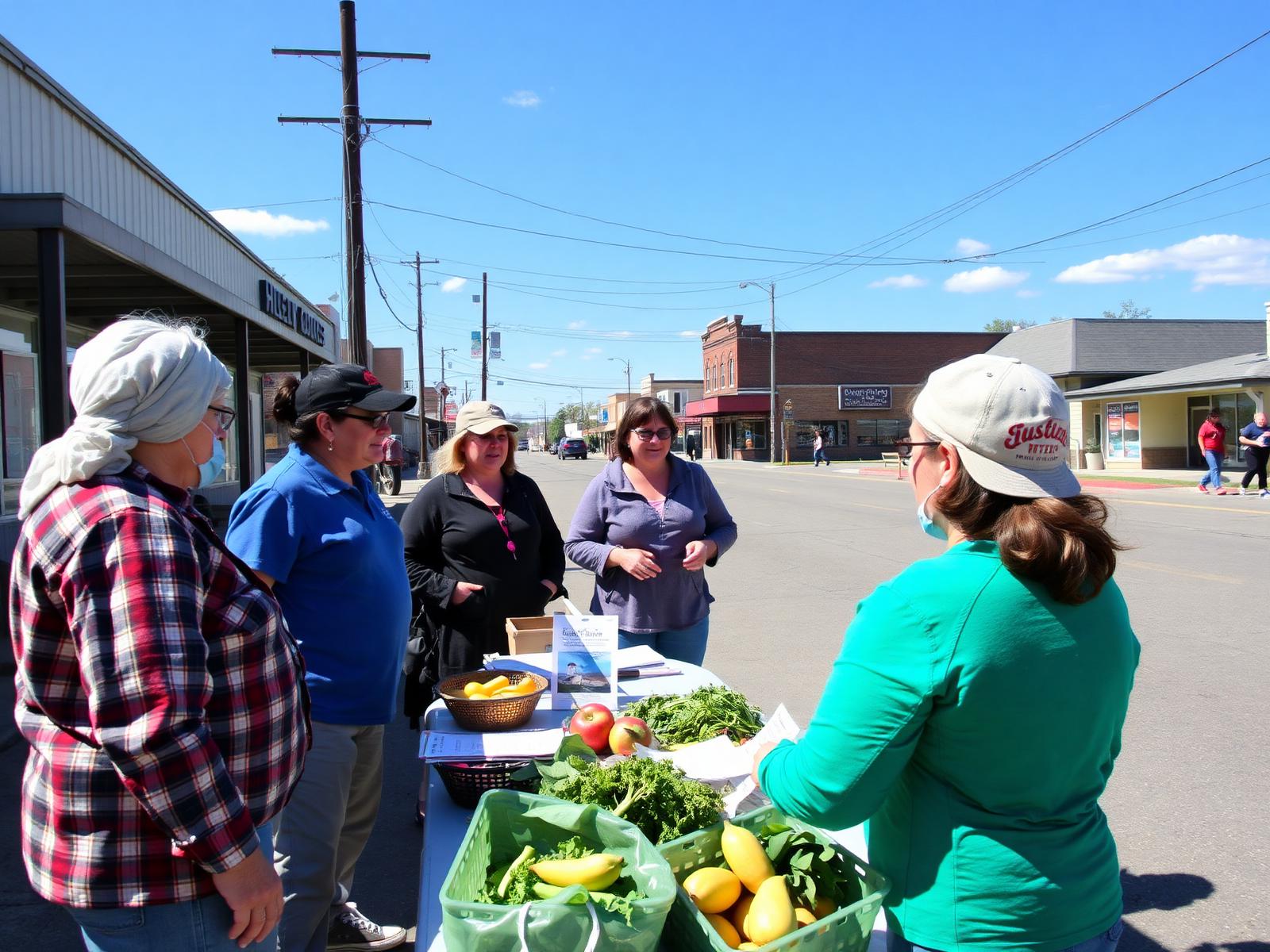 Community outreach volunteers speaking with residents at an outdoor resource table with fresh produce in a small town