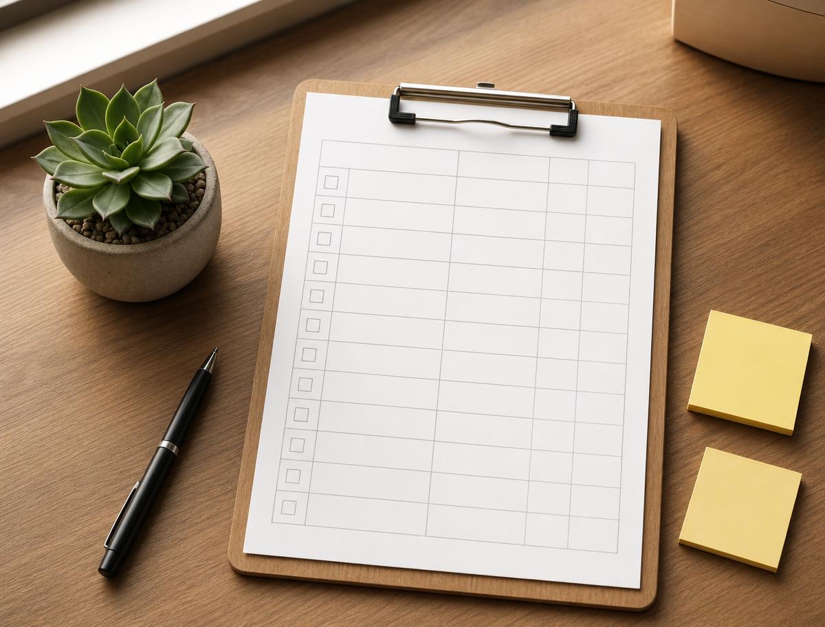 A clean clipboard with a blank care checklist form, pen, sticky notes, and a small plant on a wooden desk