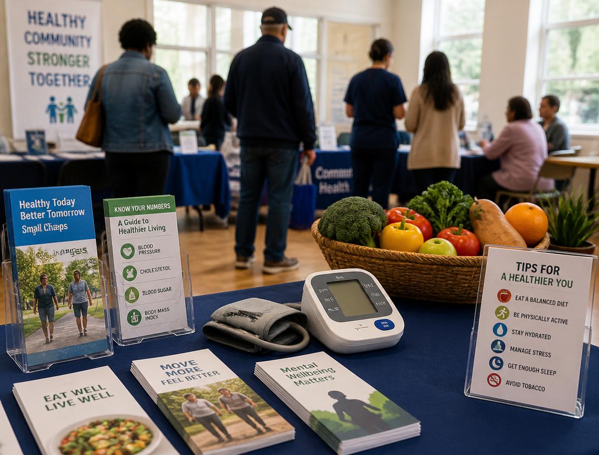 A community health outreach table with prevention brochures, a blood pressure monitor, and fresh produce
