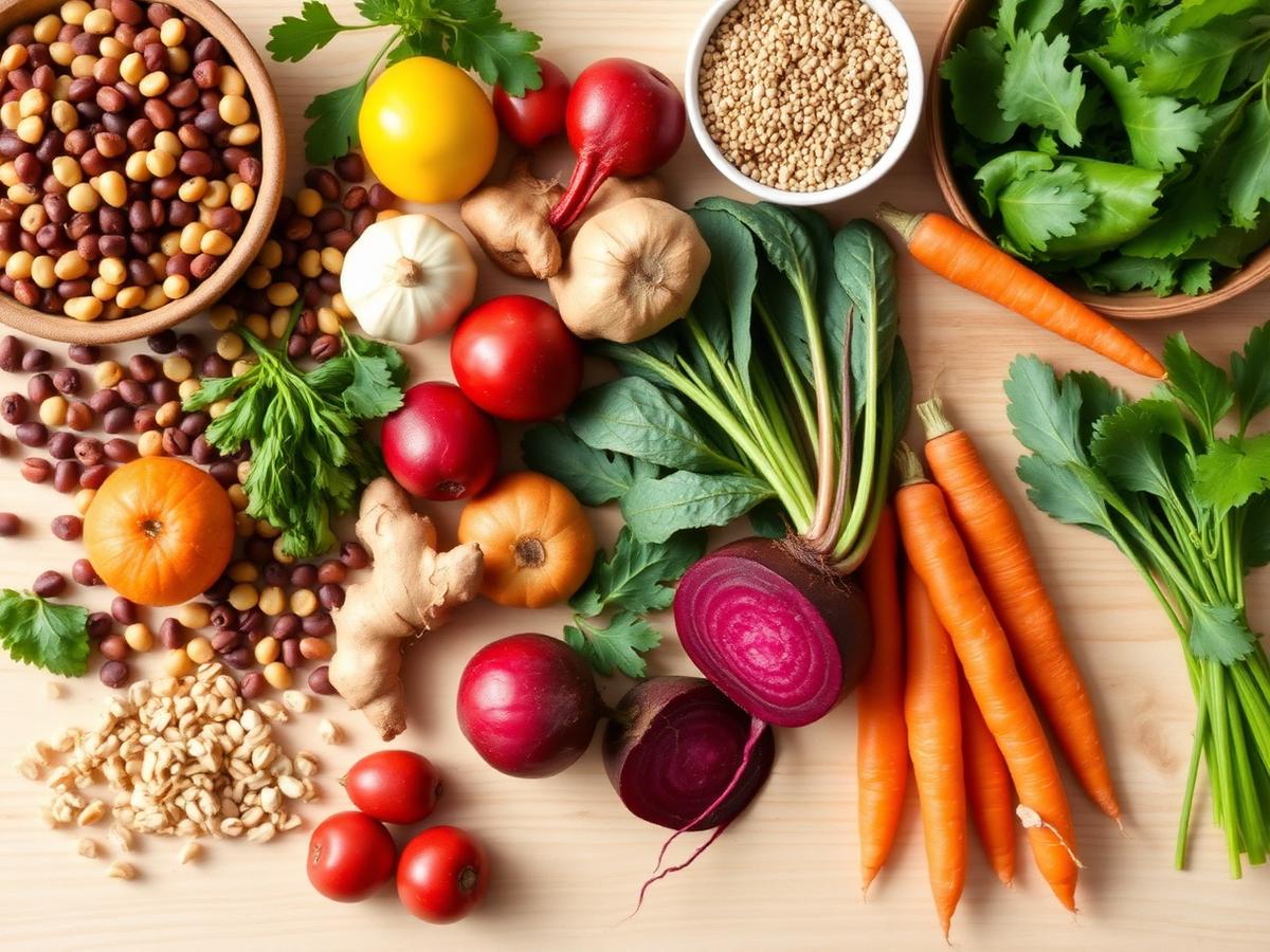A colorful arrangement of legumes, fresh fruits, beets, ginger, vegetables, and whole grains on a light wooden table