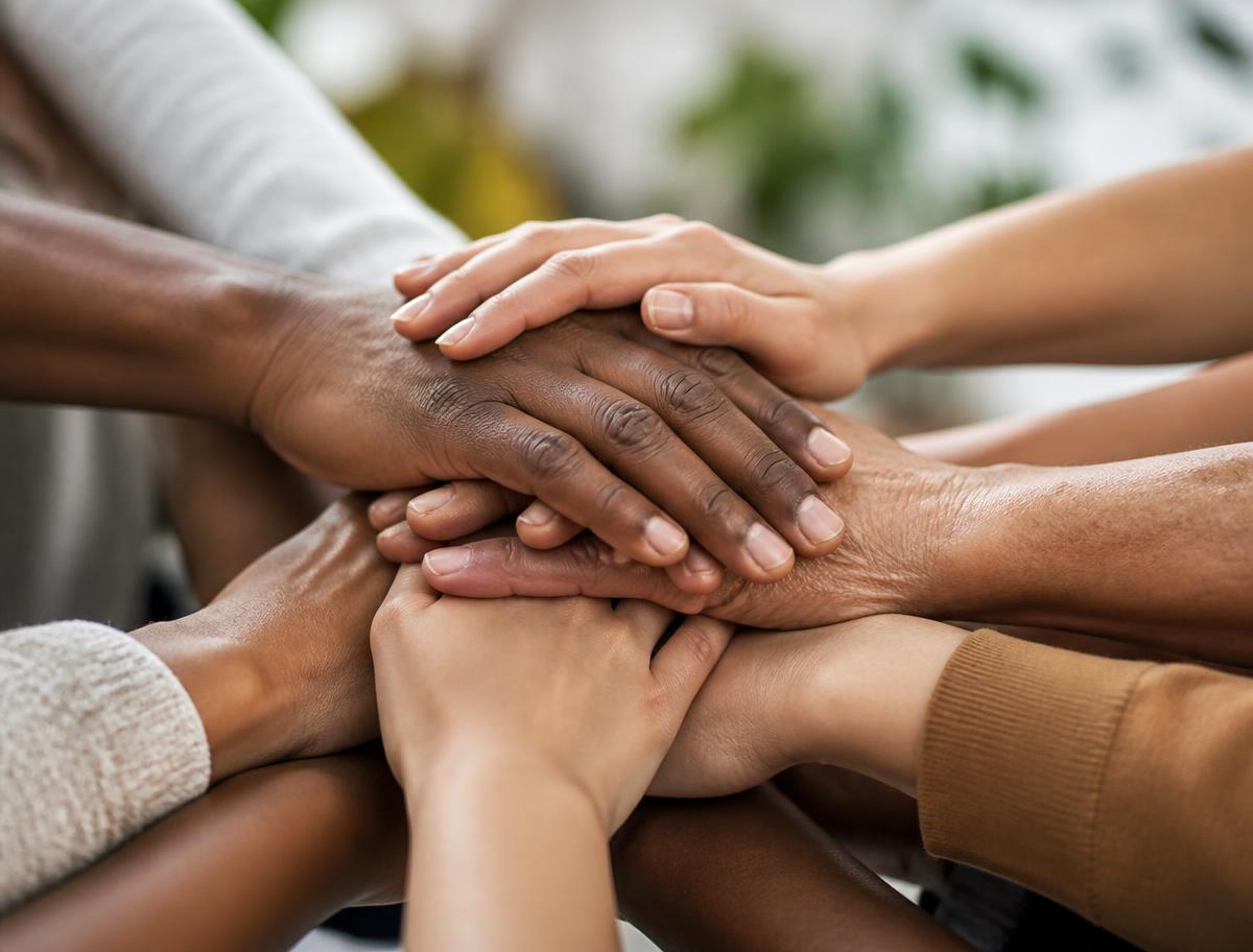 Diverse community hands stacked together, symbolizing inclusion, equity, and shared commitment to health
