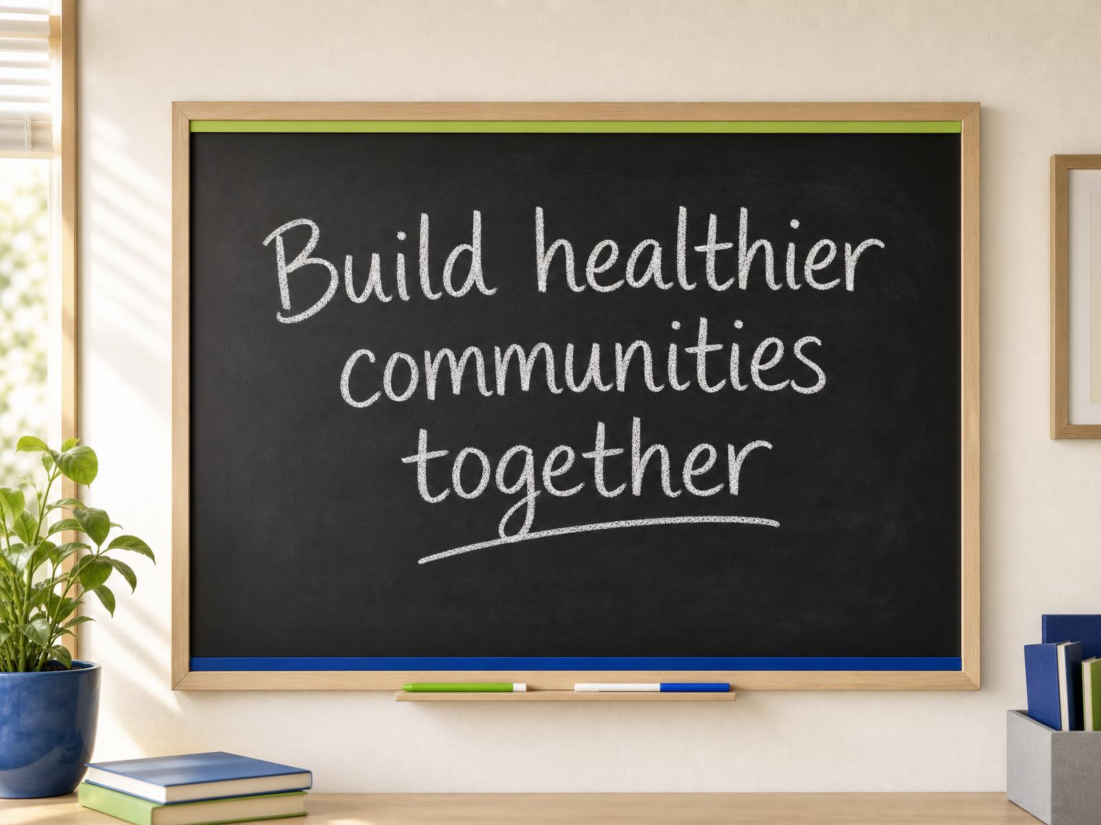 A clean chalkboard with the message Build healthier communities together written in white chalk, framed in light wood with subtle royal blue and lime green accents