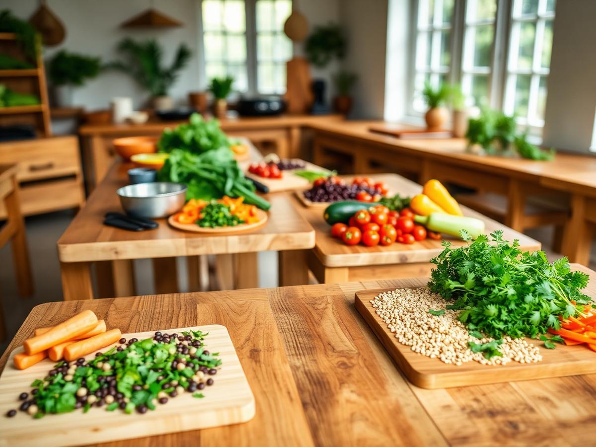 Community nutrition kitchen with fresh vegetables, legumes, and herbs prepared on wooden tables, no people visible