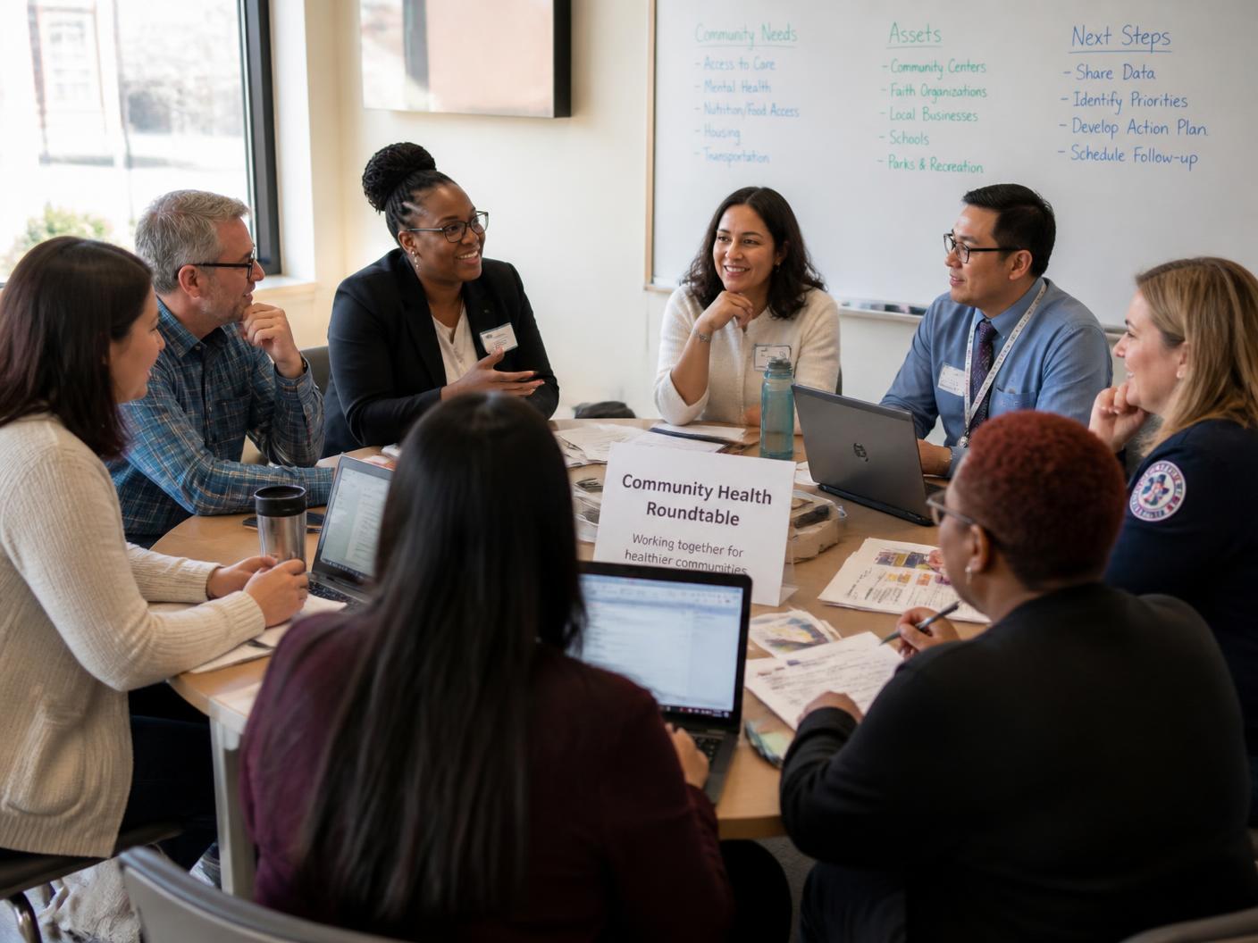 Partner organizations seated around a table reviewing program plans