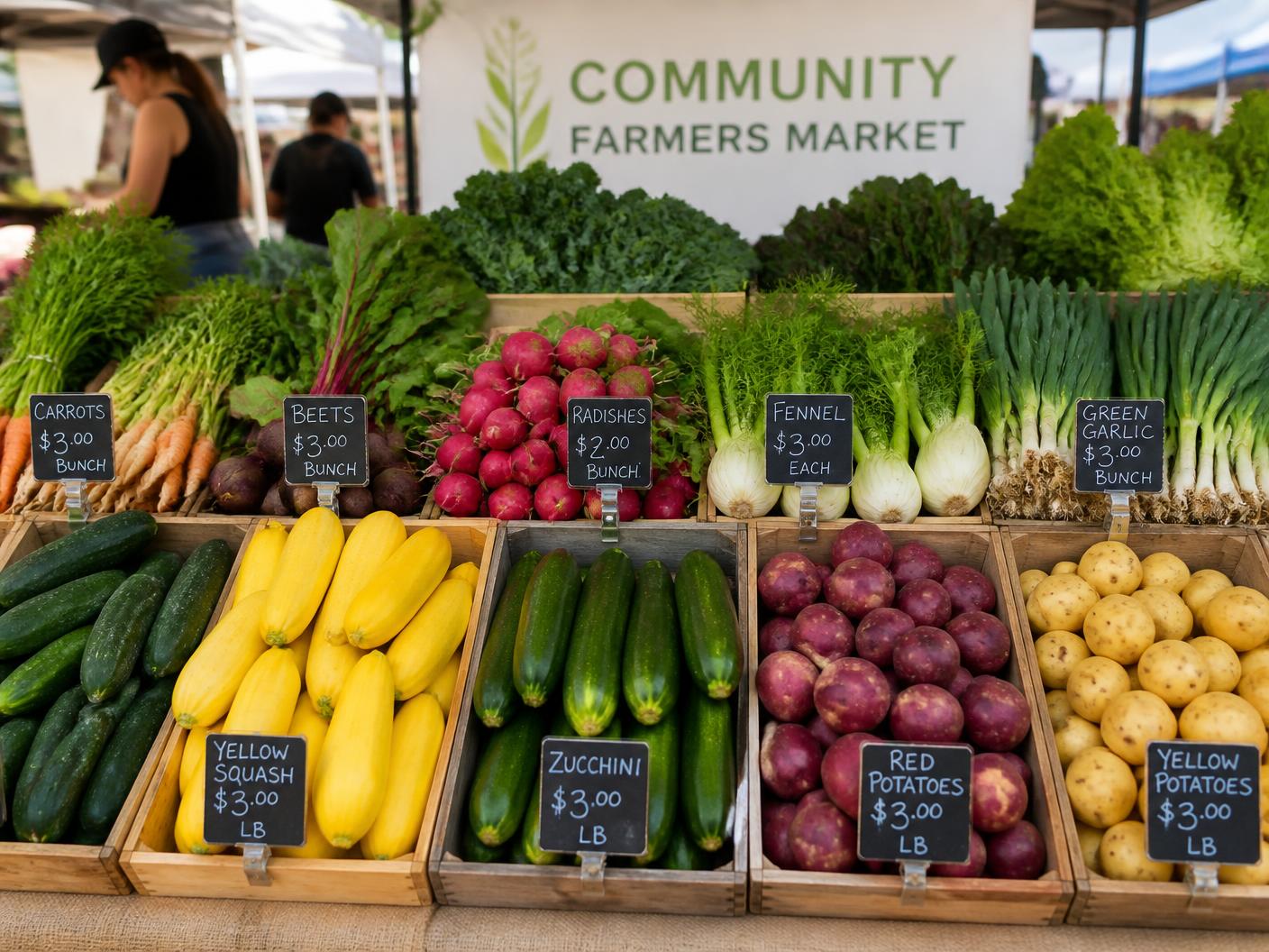Crates of fresh vegetables at a community farmers market stall